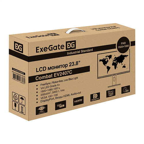 Монитор игровой 165 Гц 23.8" ExeGate Combat EV2407C (VA LED Grade A+, FHD, 1920x1080@165Гц, 16:9, 250cd/m2, 3000:1, 178°/178°, 1ms, Speakers, HDMI, Di