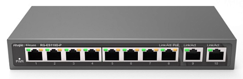 Коммутатор Ruijie Reyee 8-Port 100Mbps + 2 Uplink Port 1000Mbps, 8 of the ports support PoE/PoE+ power supply. Max PoE power budget is 110W, unmanaged switch, de