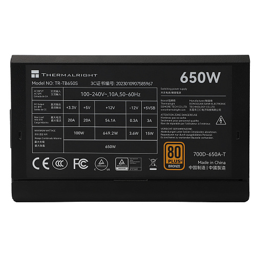 Блок питания 650W/ Thermalright, 650W 80+ Bronze (ATX, 3, Non-modular, 1x24(20+4)pin 550mm, 1xCPU*2 8(4+4)pin 600+150mm, 1xPCIe*2 8(6+2)pin