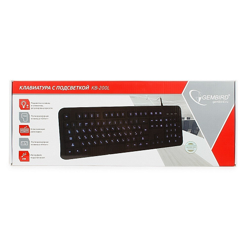 Клавиатура Gembird KB-200L черный USB {104 клавиши, доп. функции (Fn), подсветка синяя, кабель 1.45м}