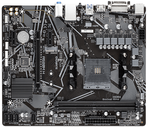 GIGABYTE A520M H, AM4, A520, 2*DDR4, 4*SATA, 1*M.2, 4*USB 3.2, 2*USB 2.0, 1*PCIx16, 2*PCIx1, DVI-D+HDMI, mATX