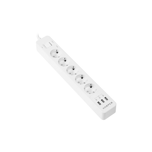 Harper Сетевой фильтр с USB зарядкой UCH-510 White (5 роз.,10м.,3 x USB 2.4A (max 3.4A), 4000W) {H00003207}