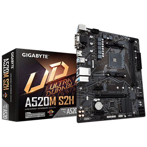 Мат. плата GIGABYTE A520M S2H, AM4, A520, 2*DDR4, 4*SATA, 1*M.2, 4*USB 3.2, 2*USB 2.0, 1*PCIx16, 2*PCIx1, D-Sub+HDMI+DVI, mATX