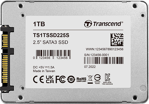Твердотельный накопитель/ Transcend SSD SSD225S, 1000GB, 2.5" 7mm, SATA3, R/W 550/500MB/s, IOPs 55 000/72 000, TBW 360, DWPD 0.3 (3 года)