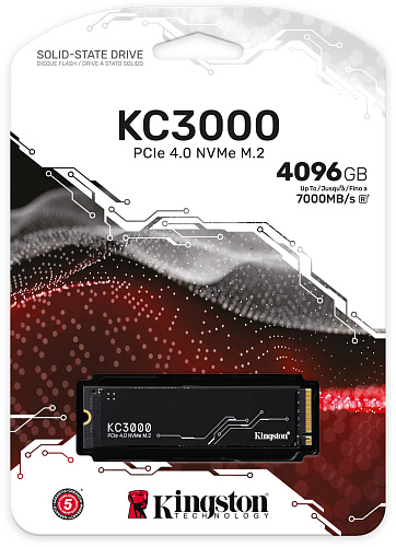 Твердотельный накопитель/ Kingston SSD KC3000, 4096GB, M.2(22x80mm), NVMe, PCIe 4.0 x4, 3D TLC, R/W 7000/7000MB/s, IOPs 1 000 000/1 000 000, DRAM
