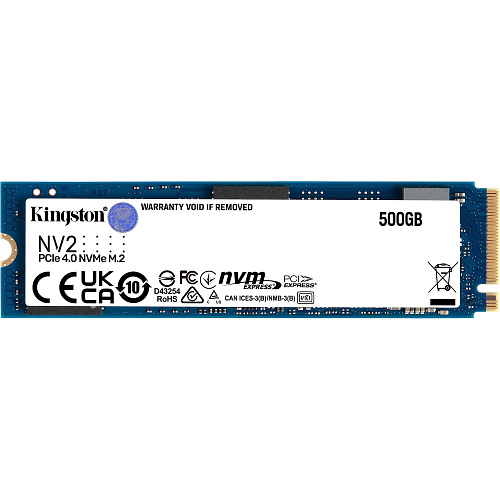 Твердотельный накопитель/ Kingston SSD NV2, 500GB, M.2(22x80mm), NVMe, PCIe 4.0 x4, 3D TLC, R/W 3500/2100MB/s, TBW 160, DWPD 0.3 (3 года)
