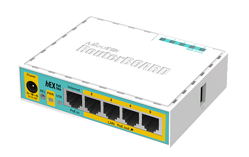 Маршрутизатор MIKROTIK hEX PoE lite with 650MHz CPU, 64MB RAM, 5xLAN (four with PoE out), USB, RouterOS L4, plastic case and PSU