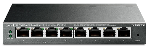 Коммутатор TP-Link 8-портовый гигабитный Easy Smart PoE-коммутатор, 8 гигабитных портов RJ45, 4 порта с поддержкой PoE, поддержка 802.3af, бюджет PoE до 55 Вт, с