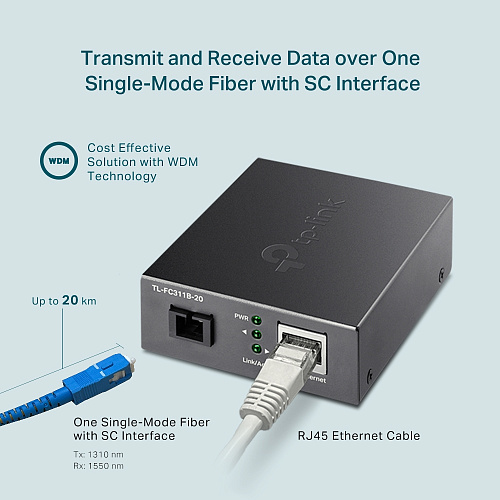 Медиаконвертер/ Gigabit WDM media converter, 9/125µm Single-mode Fiber, 1 SC Fiber port, 1 100/1000Mbps RJ-45 port, wave length 1310nm/1550nm
