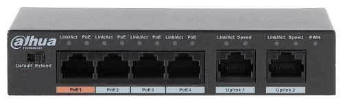 Коммутатор Dahua DH-PFS3006-4ET-60 6-портовый неуправляемый с РоЕ, 4xRJ45 100Mb PoE, 2xRJ45 100Mb uplink, суммарно 60Вт, коммутация 1.8 Гбит/с, MAC-та