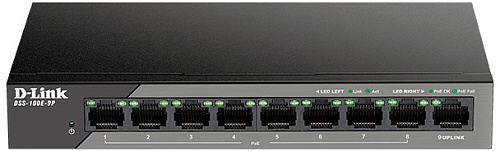 Коммутатор D-LINK Коммутатор/ DSS-100E-9P Unmanaged Surveillance Switch 8x100Base-TX PoE, 1x1000Base-T, Surge 6KV, PoE Budget 92W, Long-range PoE up to 250m, metal case