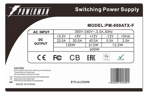 Блок питания Powerman Power Supply 600W PM-600ATX-F Black (12cm fan)