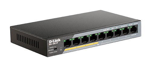Коммутатор D-LINK Unmanaged Surveillance Switch 8x100Base-TX PoE, 1x1000Base-T, Surge 6KV, PoE Budget 92W, Long-range PoE up to 250m, metal case