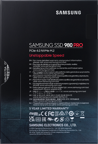 Твердотельные накопители/ Samsung SSD 980 PRO, 1000GB, M.2(22x80mm), NVMe 1.3c, PCIe 4.0 x4, 3-bit MLC, R/W 7000/5000MB/s, IOPs 1 000 000/1 000 000,