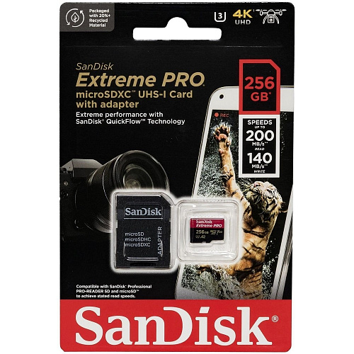 micro securedigital 256gb sandisk extreme pro microsdxc + sd adapter + rescue pro deluxe 200mb/s [sdsqxcd-256g-gn6ma]