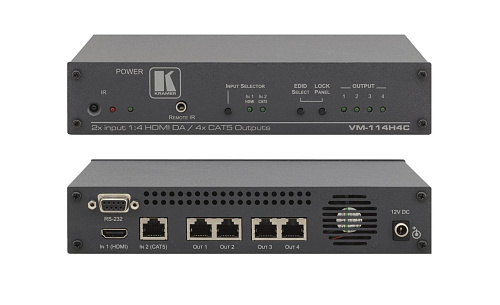 Передатчик Kramer Electronics [VM-114H4C] сигнала HDMI с одного из 2 входов (TP или HDMI) в кабель витой пары (TP) с 4 выходами