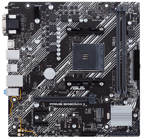 ASUS PRIME B450M-K II, AM4, B450, 2*DDR4, 4*SATA, 1*M.2, 4*USB 3.2, 2*USB 2.0, 3*PCIx16, 2*PCIx1, DVI-D+D-Sub+HDMI, mATX; 90MB1600-M0EAY0