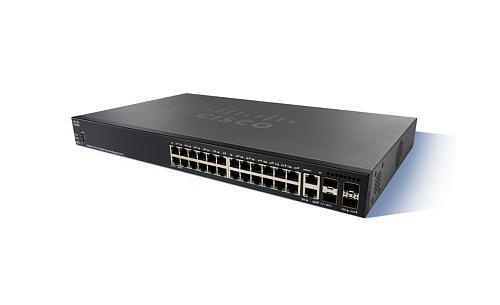 Коммутатор CISCO [SG350X-24MP-K9-EU] SB [SG350X-24MP] 24-port Gigabit POE Stackable Switch, 24x PoE, из них 4x PoE++ 60Вт, суммарно раздаёт 382 Вт