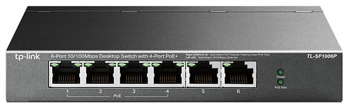 Коммутатор TP-Link TL-SF1006P, 4-портовый 10/100 Мбит/с неуправляемый PoE+ с 2 Uplink-портами 10/100 Мбит