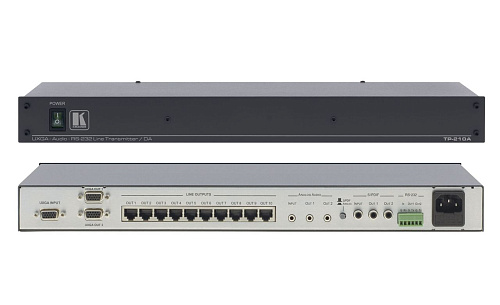 Передатчик Kramer Electronics TP-210A сигнала VGA или HDTV, стерео звуковых и RS-232 сигналов в витую пару (TP) на 10 выходов, с проходными выходами,