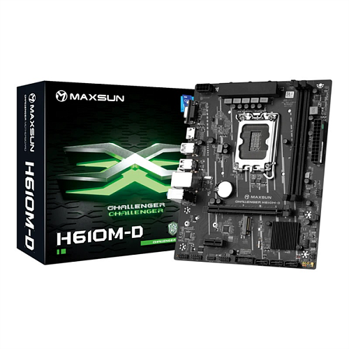 Материнская плата MAXSUN MS-Challenger H610M-D, LGA1700, H610, 2*DDR4, 3*SATA3, M.2, 2*USB 3.2, 4*USB 2.0, 1*PCIEx16, 1*PCIEx1, VGA+HDMI, mATX
