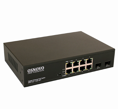 PoE Коммутатор OSNOVO SW-80802(150W) PoE коммутатор Gigabit Ethernet на 8 RJ45 + 2 SFP порта. Порты: 1 x GE (10/100/1000Base-T) с PoE (до 60W, A+B) +
