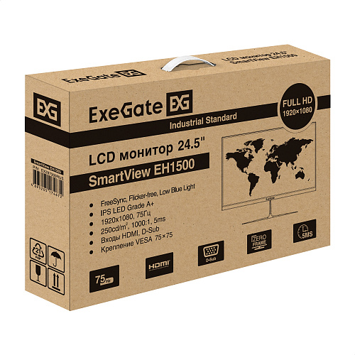 Монитор безрамочный 24.5" ExeGate SmartView EH1500 (IPS LED Grade A+, FHD, 1920x1080@75Гц, 16:9, 250cd/m2, 1000:1, 178°/178°, 5ms, D-Sub, HDMI, Flicke