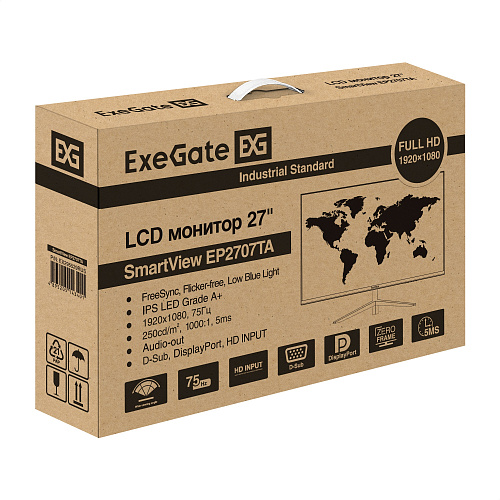 Монитор безрамочный с внутренним БП и аудио выходом 27" ExeGate SmartView EP2707TA (IPS LED Grade A+, FHD, 1920x1080@75Гц, 16:9, 250cd/m2, 1000:1, 178