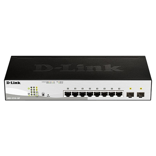 Коммутатор D-Link SMB D-Link DGS-1210-10P/FL1A Управляемый L2 с 8 портами 10/100/1000Base-T и 2 портами 1000Base-X SFP (8 портов PoE 802.3af/at, PoE бюджет 65 Вт