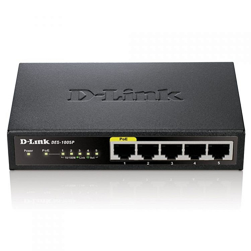 Коммутатор D-LINK DES-1005P/B1A Неуправляемый с 5 портами 10/100Base-TX, функцией энергосбережения и поддержкой QoS (4 порта с поддержкой PoE 802.3af/