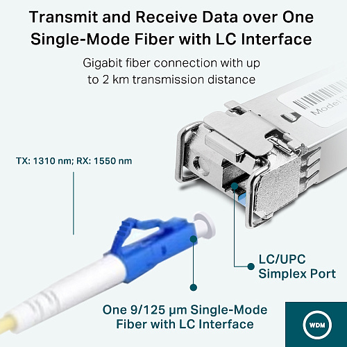 Трансивер/ 1000Base-BX WDM Bi-Directional SFP module, TX: 1310 nm and RX: 1550 nm, 1 LC Simplex port , up to 2 km transmission distance in 9/125 µm
