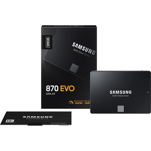 Твердотельные накопители/ Samsung SSD 870 EVO, 500GB, 2.5" 7mm, SATA3, 3-bit MLC, R/W 560/530MB/s, IOPs 98 000/88 000, DRAM buffer 512MB, TBW 300,