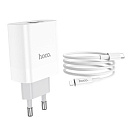 HOCO HC-40526 C80A/ Сетевое ЗУ + Кабель Type-C--Lightning/ PD + QC 3.0/ 2 USB/ Выход: 5V_9V_12V, 20W/ White