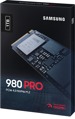 Твердотельные накопители/ Samsung SSD 980 PRO, 1000GB, M.2(22x80mm), NVMe 1.3c, PCIe 4.0 x4, 3-bit MLC, R/W 7000/5000MB/s, IOPs 1 000 000/1 000 000,