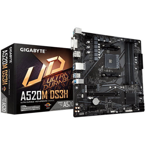 GIGABYTE A520M DS3H, AM4, A520, 4*DDR4, 4*SATA, 1*M.2, 4*USB 3.2, 2*USB 2.0, 1*PCIx16, 2*PCIx1, DP+HDMI+DVI-D, mATX