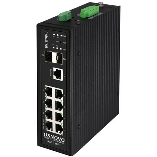 Промышленный коммутатор Gigabit Ethernet OSNOVO SW-70802/IL Промышленный управляемый (L2+) коммутатор Gigabit Ethernet на 8 GE Rj45 + 2 GE SFP порта.