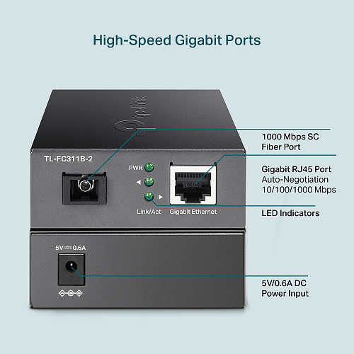 Медиаконвертер/ Gigabit WDM media converter, 9/125µm Single-mode Fiber, 1 SC Fiber port, 1 100/1000Mbps RJ-45 port, wave length 1310nm/1550nm,