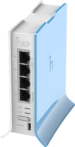 MikroTik hAP lite with 650MHz CPU, 32MB RAM, 4xLAN, built-in 2.4Ghz 802.11b/g/n 2x2 two chain wireless with integrated antennas, RouterOS L4, tower ca