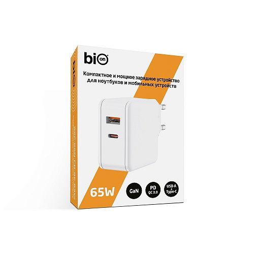 Bion Сетевое Зарядное Устройство, GaN, USB-A + USB-C, PowerDelivery, 65 Вт, белый [BXP-GAN-PD-AC-65W]