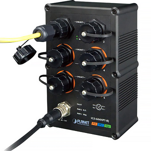 Коммутатор Planet коммутатор/ IP67-rated Industrial L2+ 4-Port 10/100/1000T 802.3at PoE + 2-Port 10/100/1000T Managed Ethernet Switch(-40~75 degrees C), ERPS