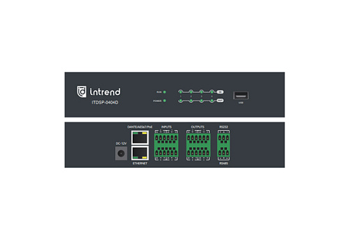 Аудиопроцессор INTREND [ITDSP-0404D] цифровой, 4x4 аналоговых входов/выходов, AEC, AFS, ANC, Dante 4x4, USB 1x1, PoE, управление по RS232/485, IP