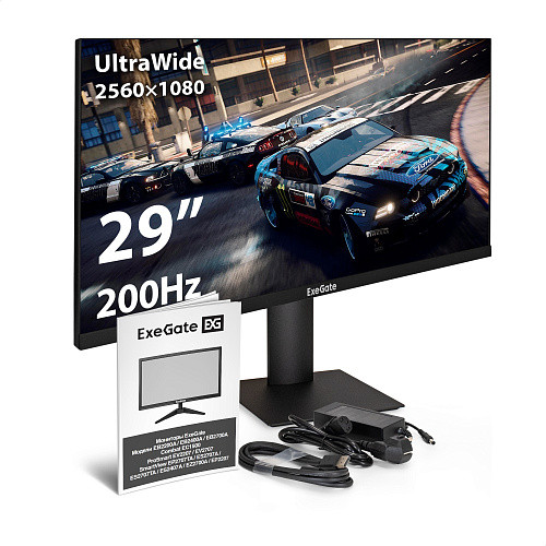Монитор игровой 200 Гц 29" ExeGate Combat EC1500 (IPS LED Grade A+, 2K, 2560x1080@200Гц (WFHD), 21:9, 250 cd/m2, 1000:1, 178°/178°, 1ms, Speakers, 2xH