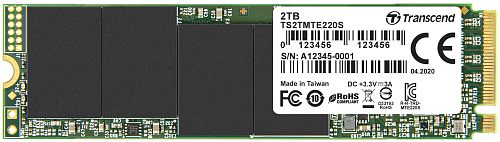 Твердотельный накопитель/ Transcend SSD MTE220S, 2048GB, M.2(22x80mm), NVMe 1.3, PCIe 3.0 x4, 3D TLC, R/W 3500/2900MB/s, IOPs 340 000/360 000, DRAM