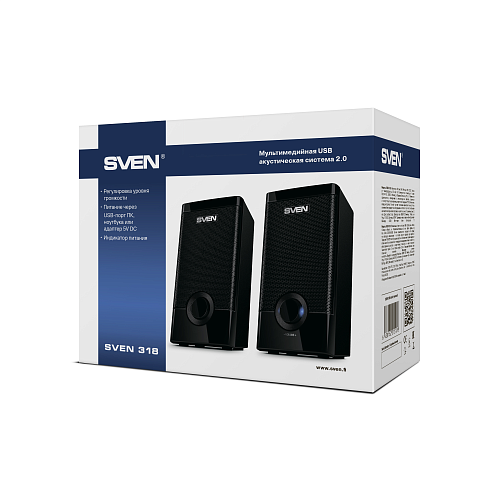 Колонки пластиковые SVEN 318, чёрный, акустическая система 2.0 (USB, мощность 2x2.5 Вт(RMS)), черный