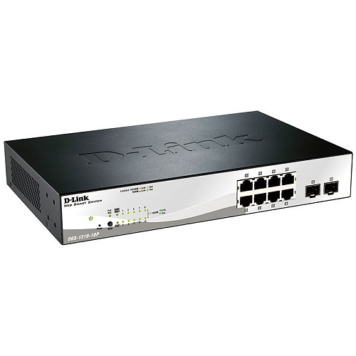 Коммутатор D-Link SMB D-Link DGS-1210-10P/F3A Настраиваемый L2 с 8 портами 10/100/1000Base-T и 2 портами 1000Base-X SFP (8 портов PoE 802.3af/at, PoE-бюджет 65 В