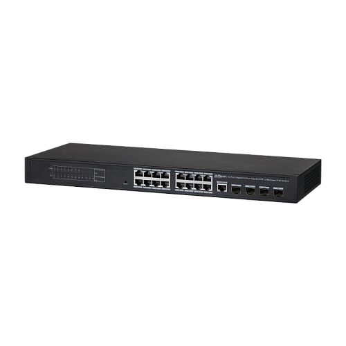 Коммутатор Dahua 16-портовый гигабитный управляемый с PoE уровень L2, Порты: 16 RJ45 10/100/1000Мбит/с (PoE/PoE+/Hi-PoE) 4 SFP 100/1000Мбит/с (uplink);