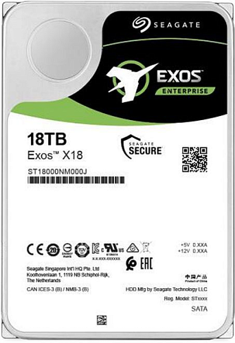 Жесткий диск SEAGATE Exos X18 HDD 3.5" SATA 18Tb, 7200 rpm, 256Mb buffer, 512e/4kn, CMR, ST18000NM000J, 1 year