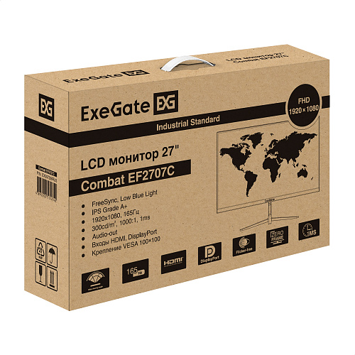 Монитор игровой 165 Гц 27" ExeGate Combat EF2707C (IPS LED Grade A+, FHD, 1920x1080@165Гц, 16:9, 300cd/m2, 1000:1, 178°/178°, 1ms, HDMI, DisplayPort,